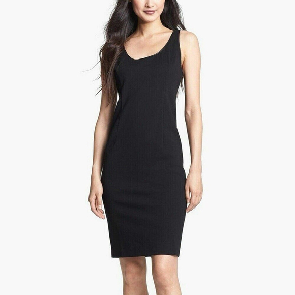 Eileen Fisher Midi Length Viscose Dress Leather Trim In Black - Picture 1 of 9